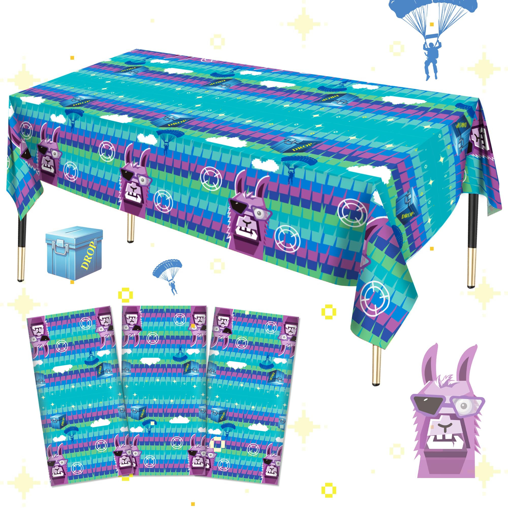 Haxpacal llama theme tablecloth 3pc laid out for a vibrant, disposable cleanup-friendly setup.