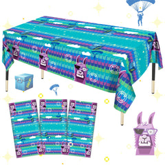 Haxpacal llama theme tablecloth 3pc laid out for a vibrant, disposable cleanup-friendly setup.