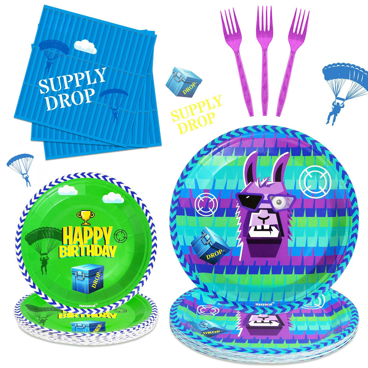 Haxpacal video games llama 9-inch plates for party servings.
