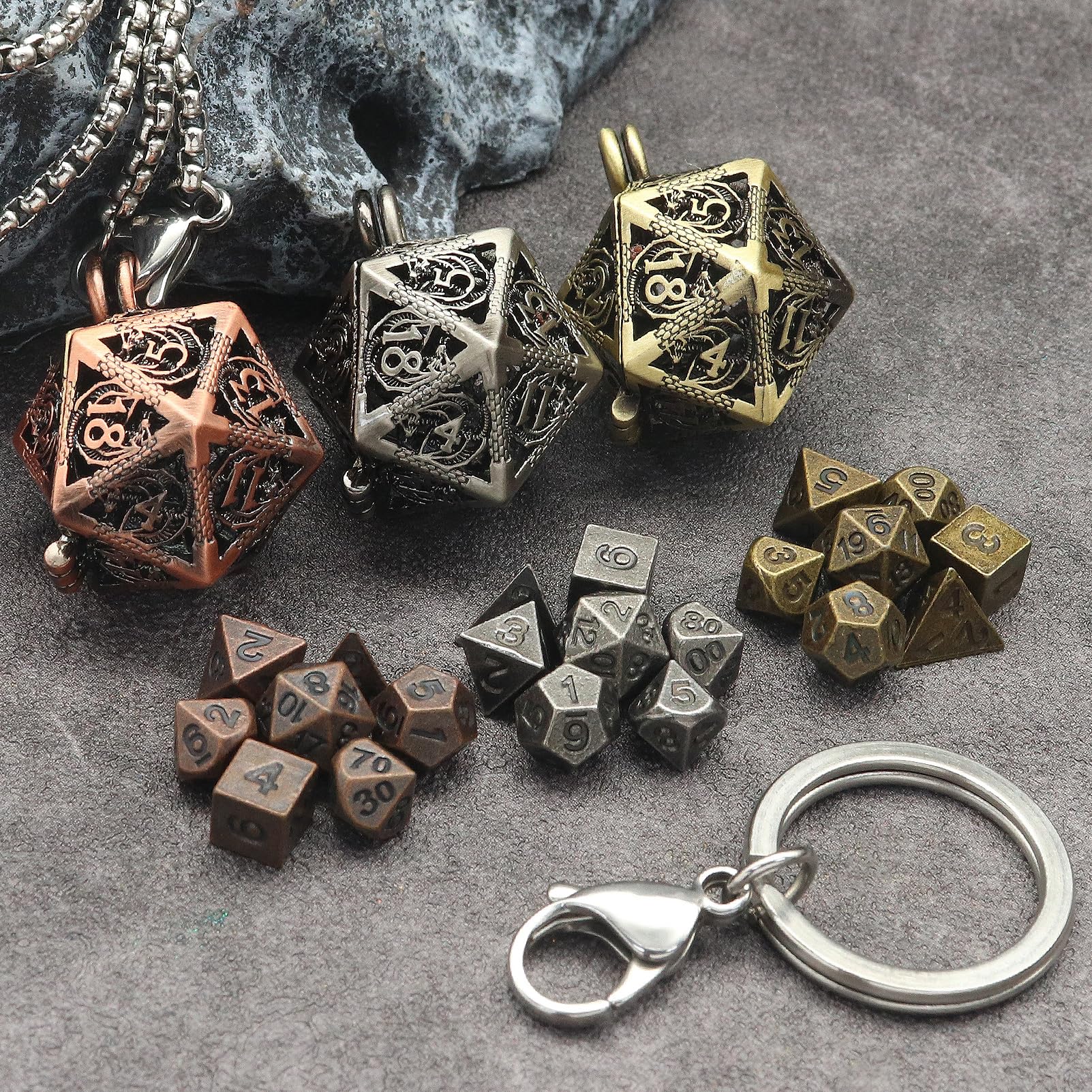 Haxtec 304 stainless steel keychain keeps dice attached.