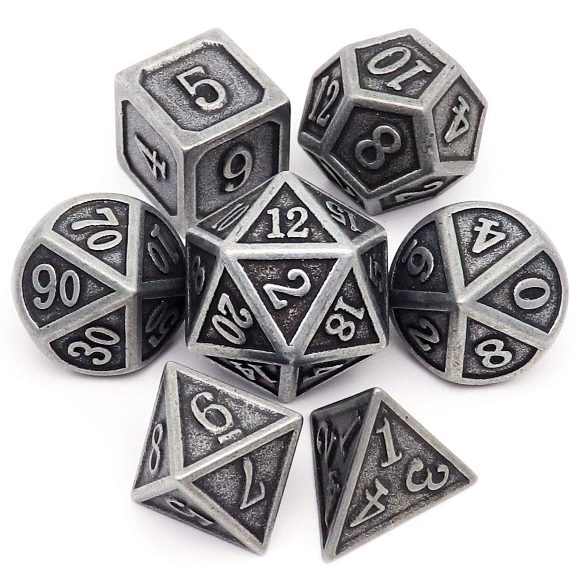 Haxtec antique iron DND dice set in silver for immersive tabletop gameplay.