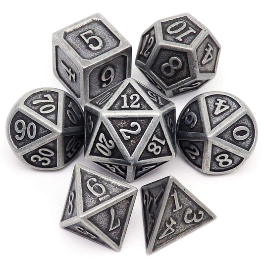 Haxtec antique iron DND dice set in silver for immersive tabletop gameplay.