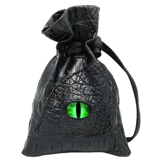 Haxtec Dragon Eye dice bag with venom-green eye and PU leather finish.