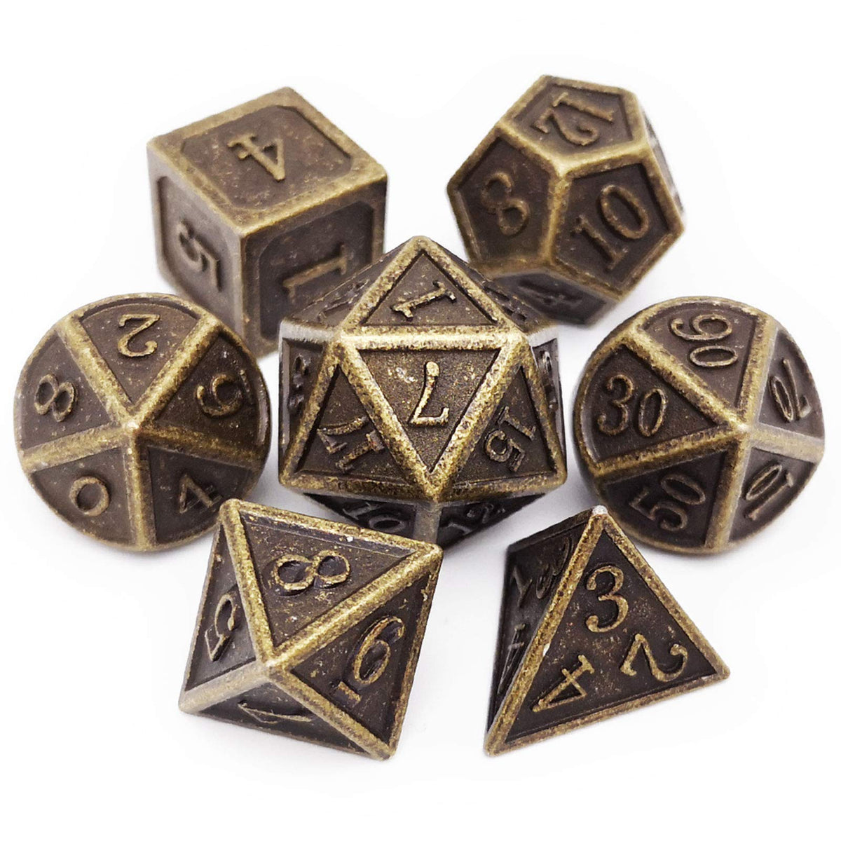 Haxtec DND metal D20 close-up with antique bronze finish for clear, satisfying rolls.