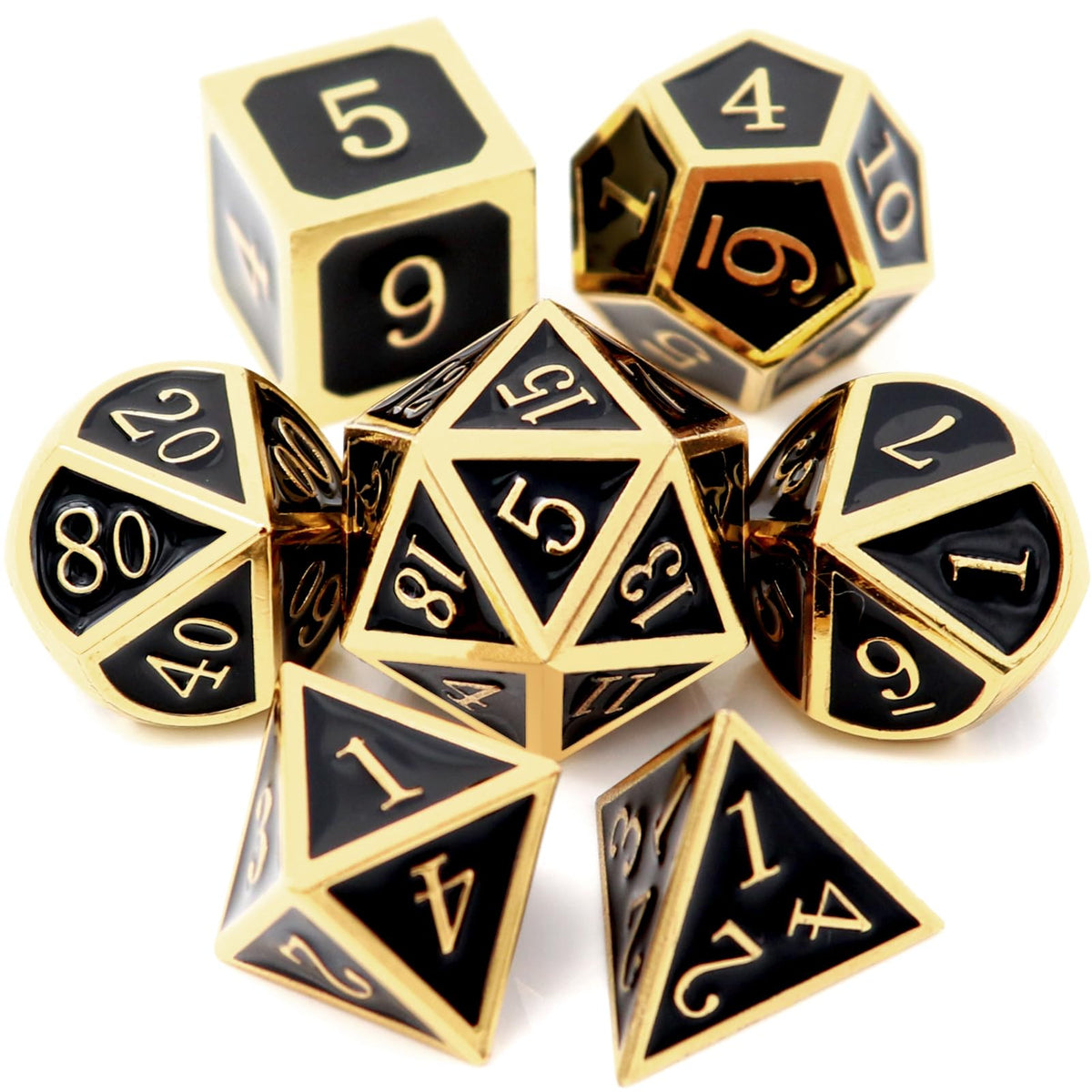 Haxtec DND dice set: glossy gold-edged D20 against black enamel for premium RPG sessions