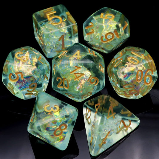 Haxtec Light Green DND D20 dice with iridescent inclusions for RPG sessions