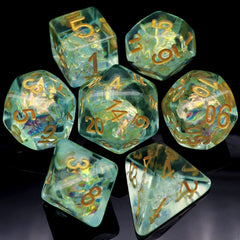 Haxtec Light Green DND D20 dice with iridescent inclusions for RPG sessions