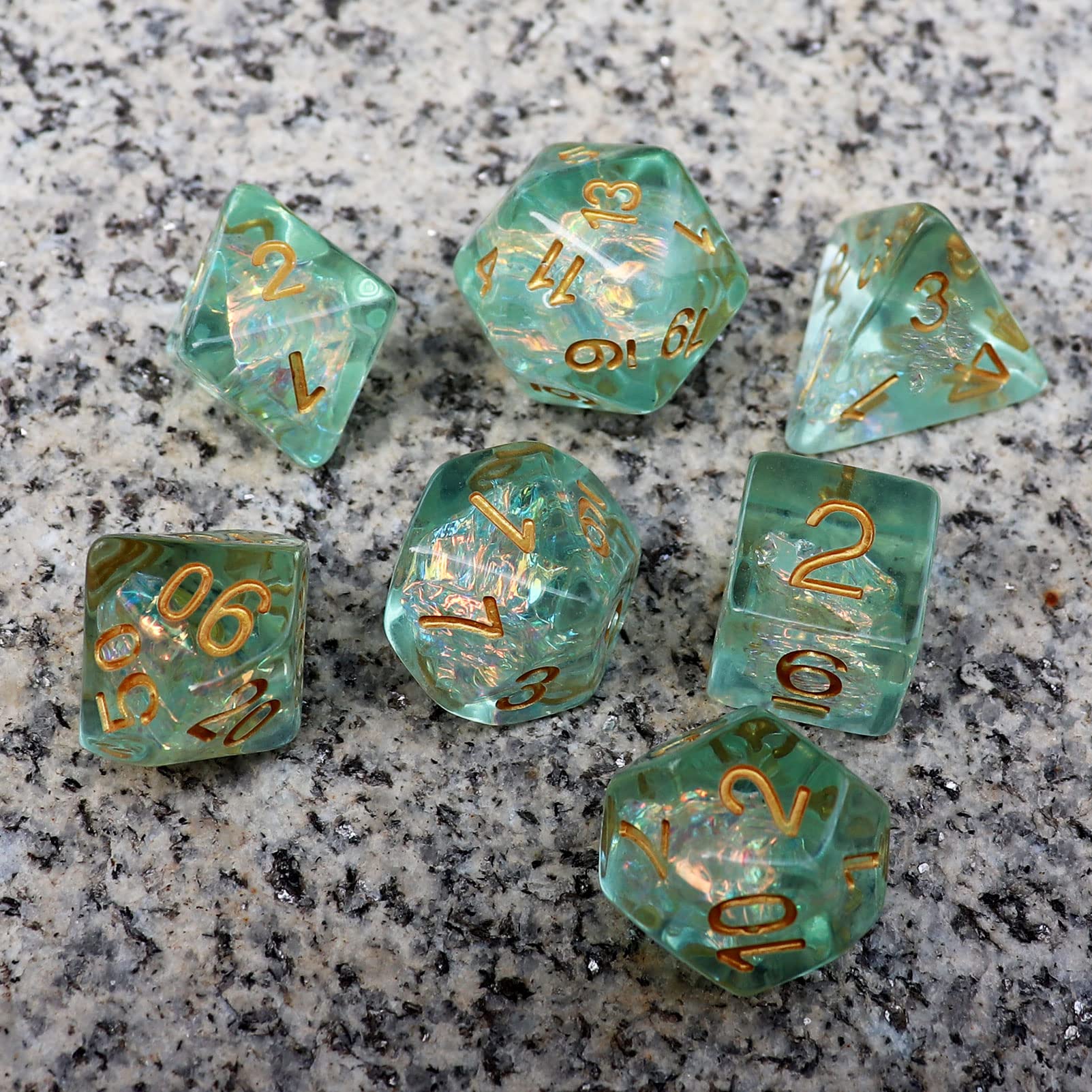 Haxtec Light Green DND D6 dice with iridescent inclusions for game nights