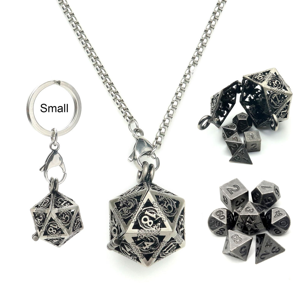 Haxtec mini D&D dice with hollow necklace case for portable play.