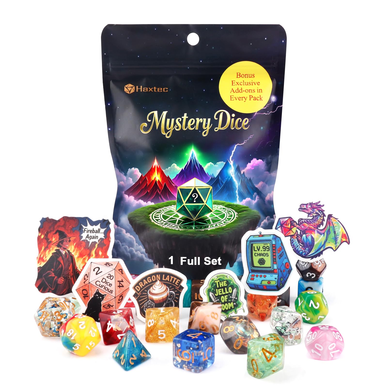 Haxtec Mystery Dice Set 7-dice pack with varied patterns for RPG sessions.