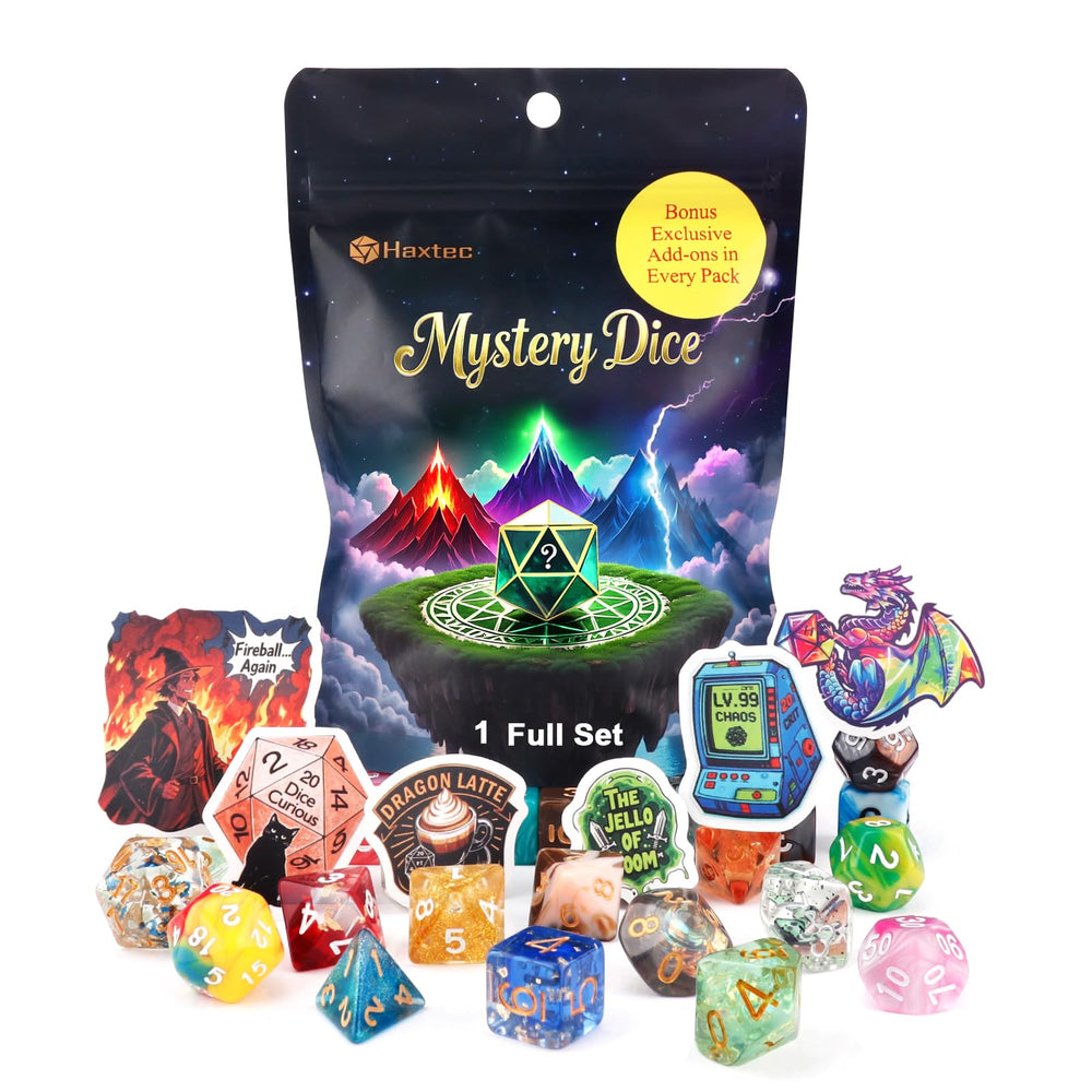Haxtec Mystery Dice Set pattern on table enhances RPG visuals for DND