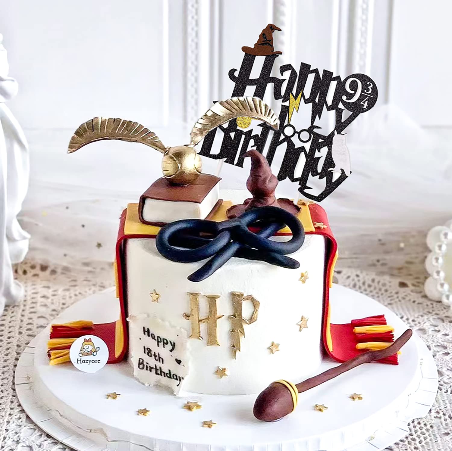 Hazyore Happy Birthday glitter black wizard cake topper adds festive sparkle to wizard-themed cake