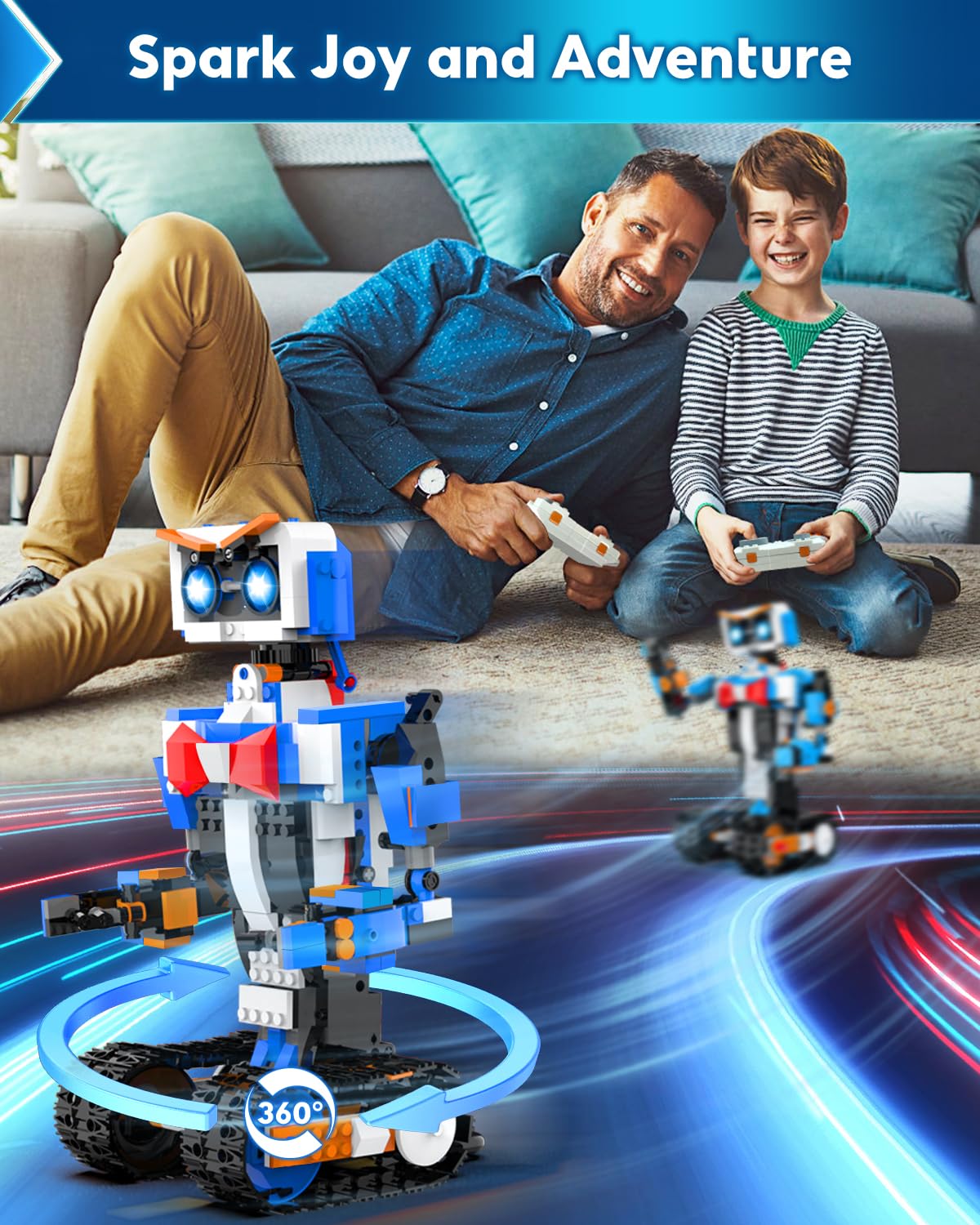 HBUDS robot building kit assembly shows kids connecting bricks for motion-ready models.