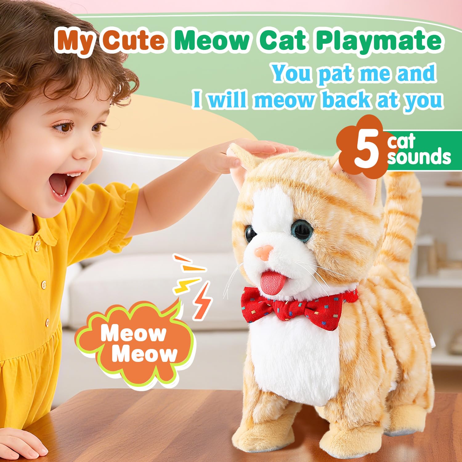HCdoujoy yellow cat emitting meowing sounds for pretend play