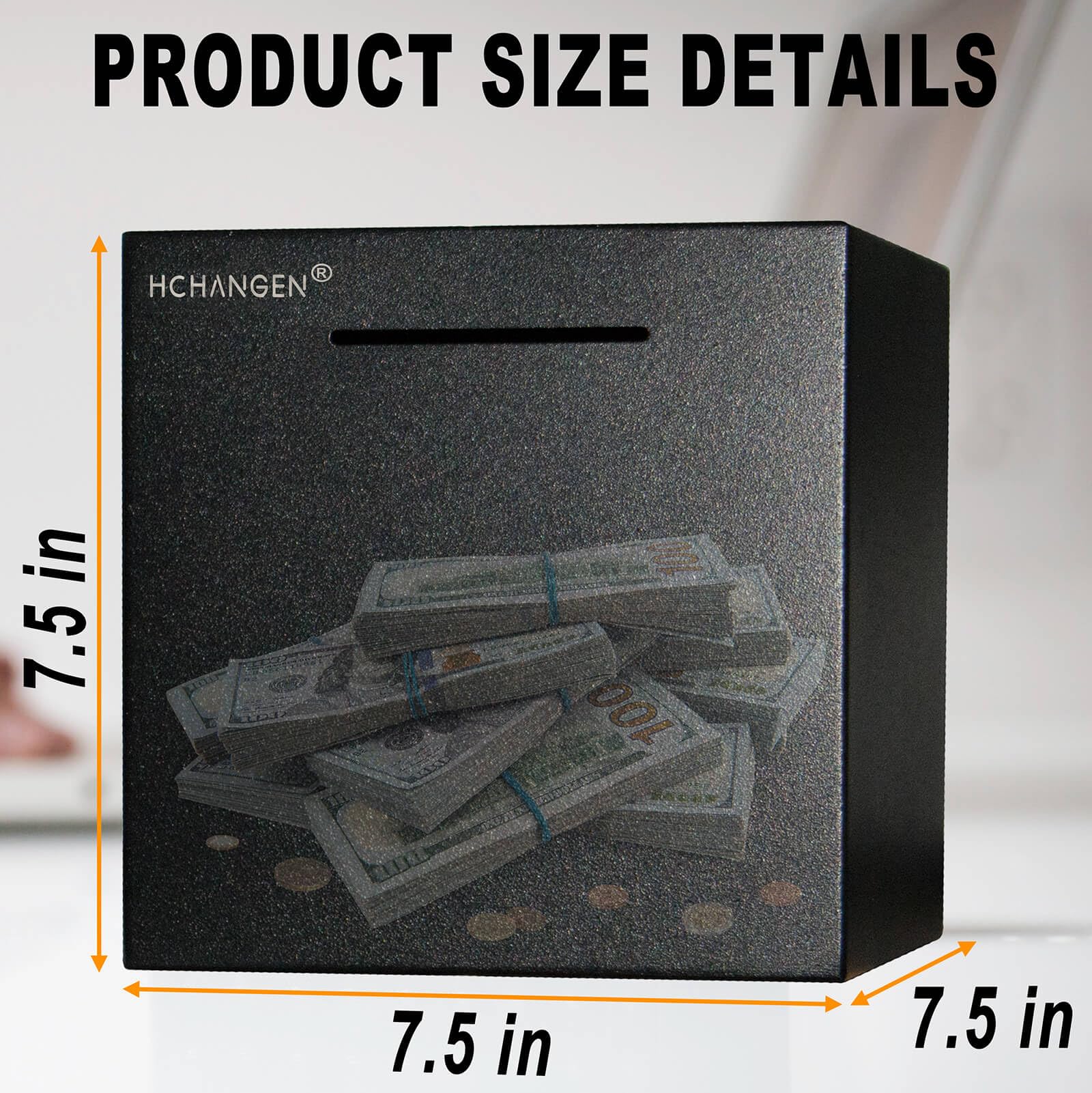 HCHANGEN stainless steel piggy bank with coin slot close-up showing sealed body