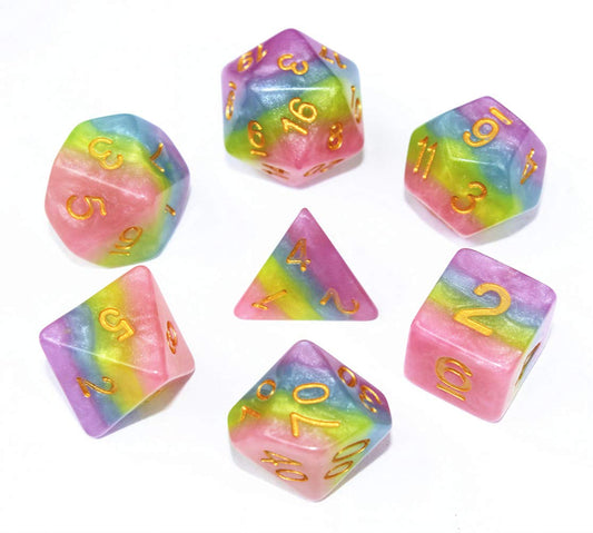 HD Rainbow Candy D20 dice close-up, vibrant colors for bold D&D sessions.