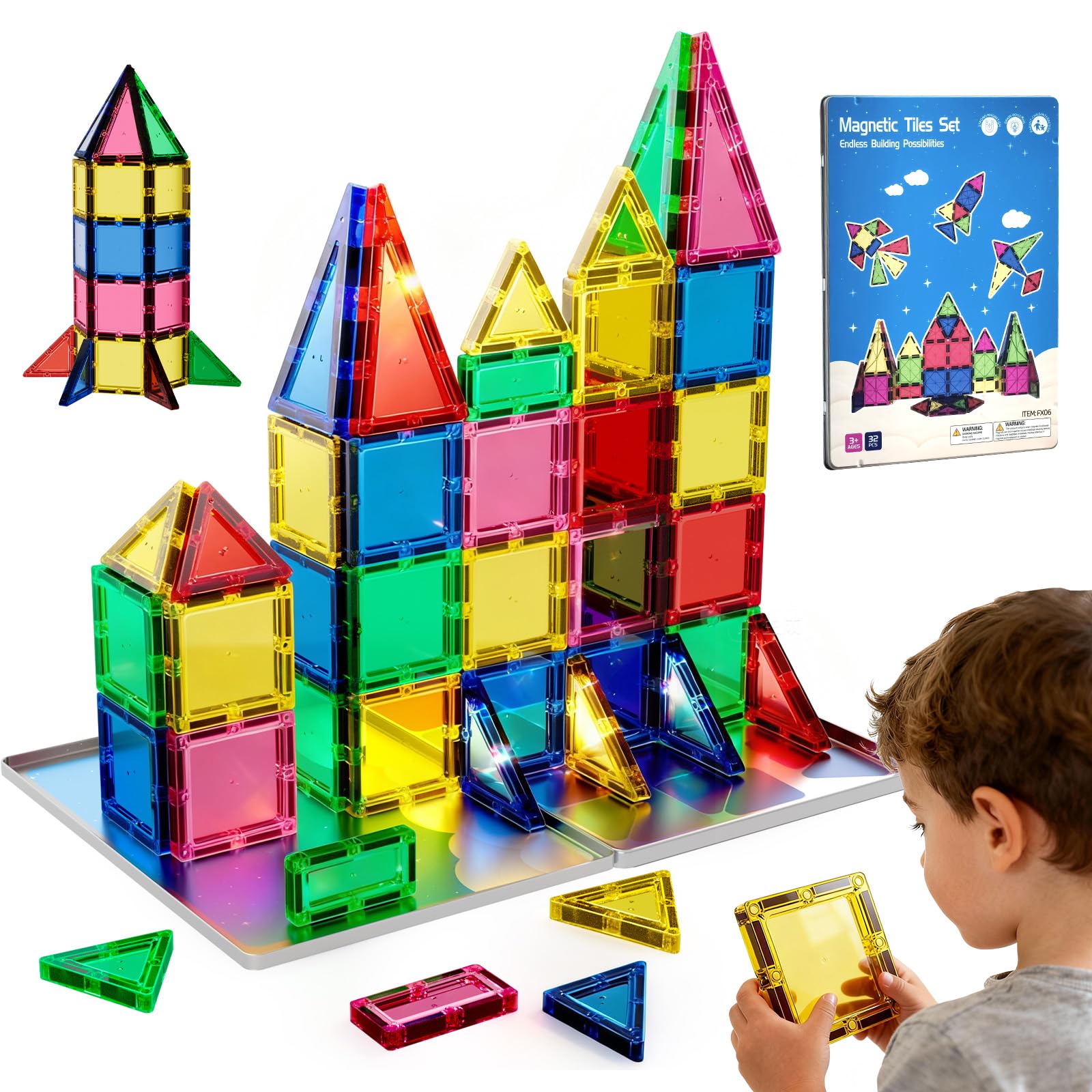 HDCooL magnetic tiles 32pcs giant tiles iron box for safe, imaginative building play.