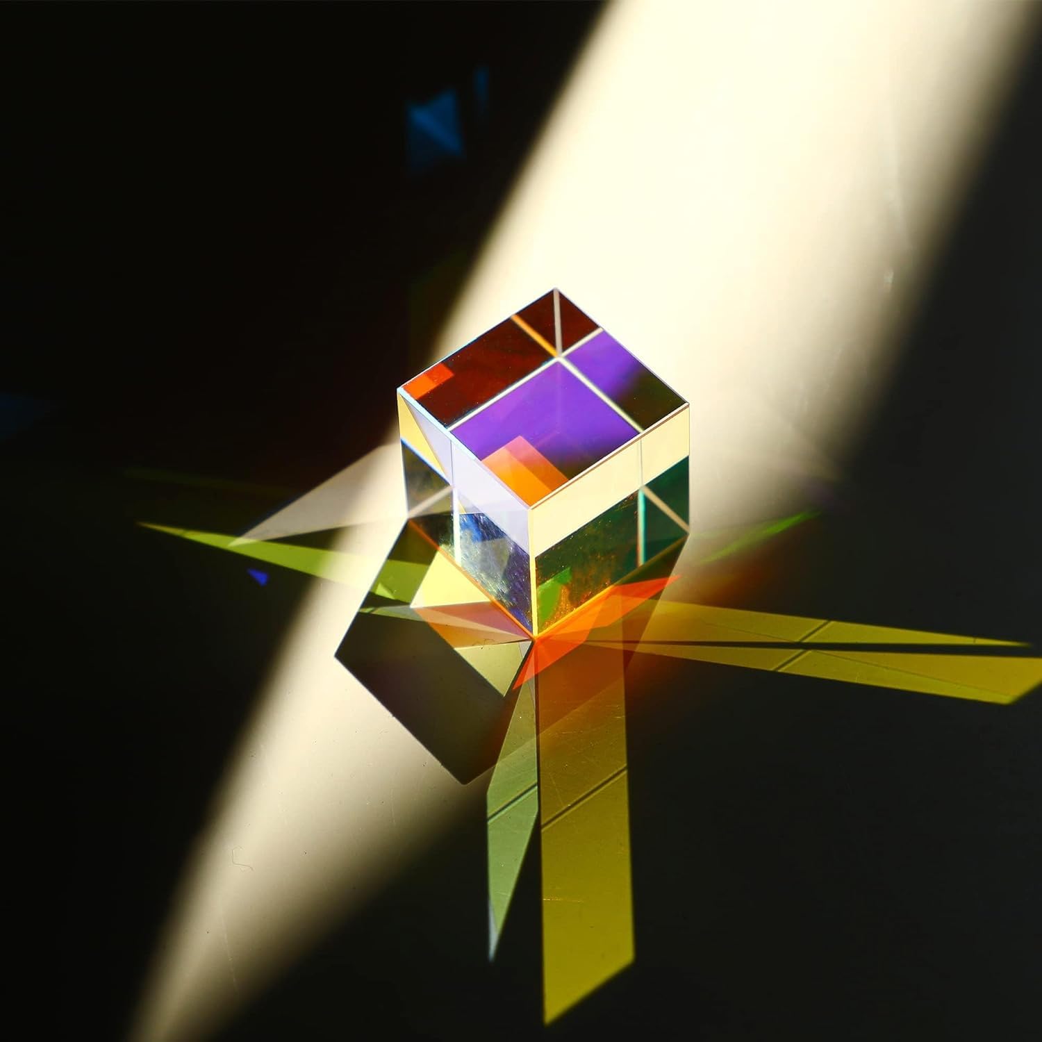 HDCRYSTALGIFTS mini K9 crystal prism cube front view showing rainbow dispersion