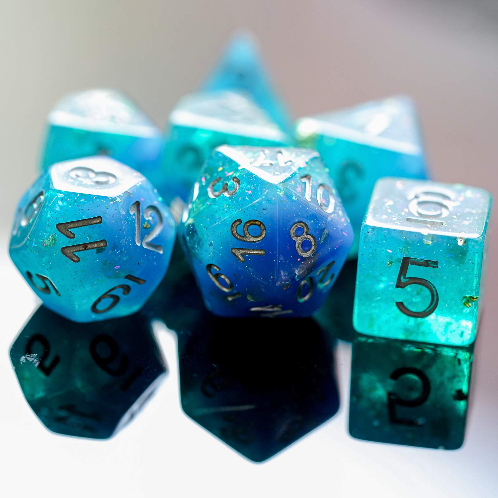 HDdais 7-Die Blue D6 glitter dice for clear reads
