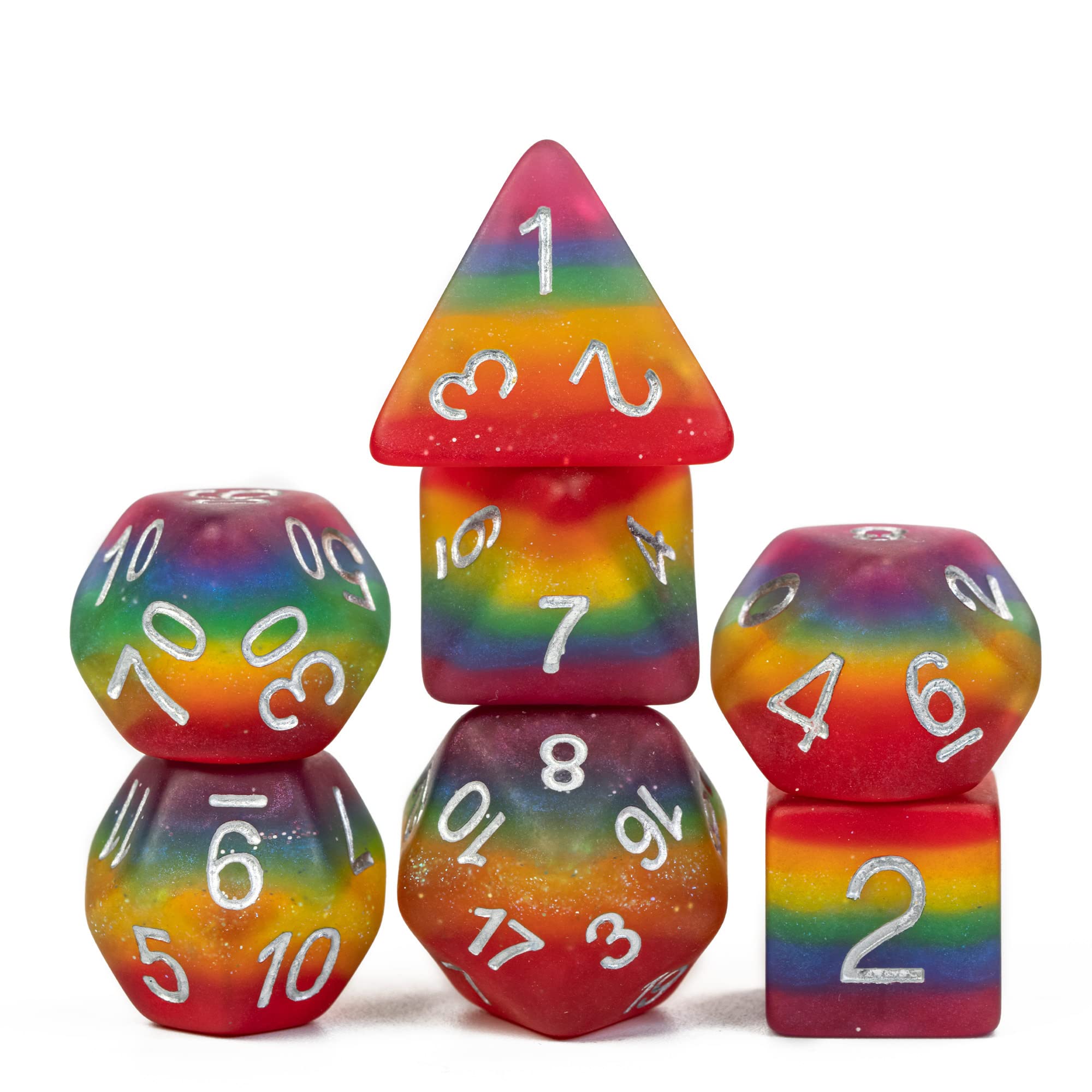 HDdais Rainbow-Pride DND dice set in matte finish for vibrant tabletop play