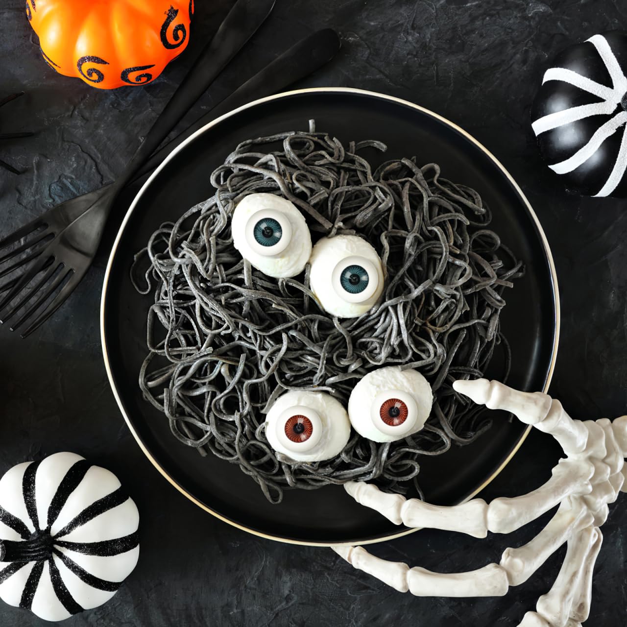 Healifty eyeballs placed in a skeleton prop eye socket.