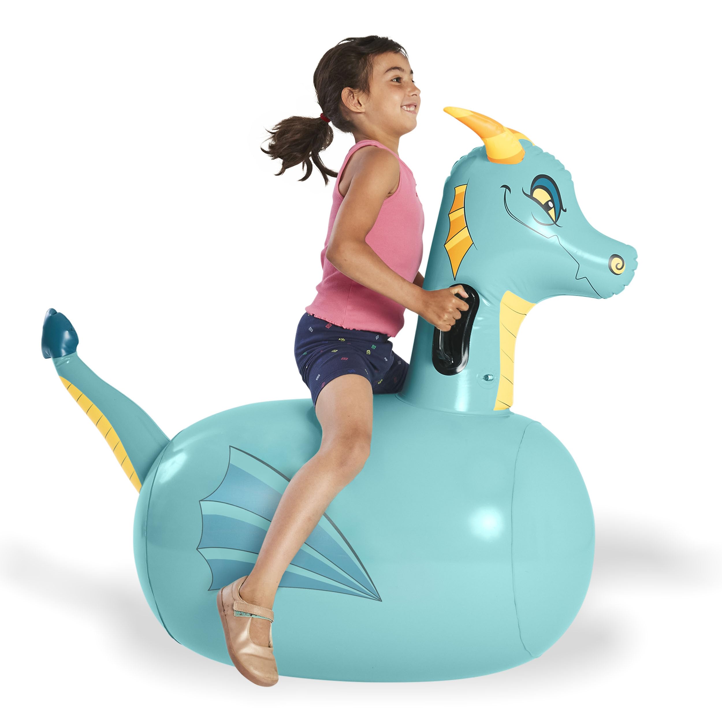 HearthSong Hop N Go blue dragon bouncer on grass for active outdoor play