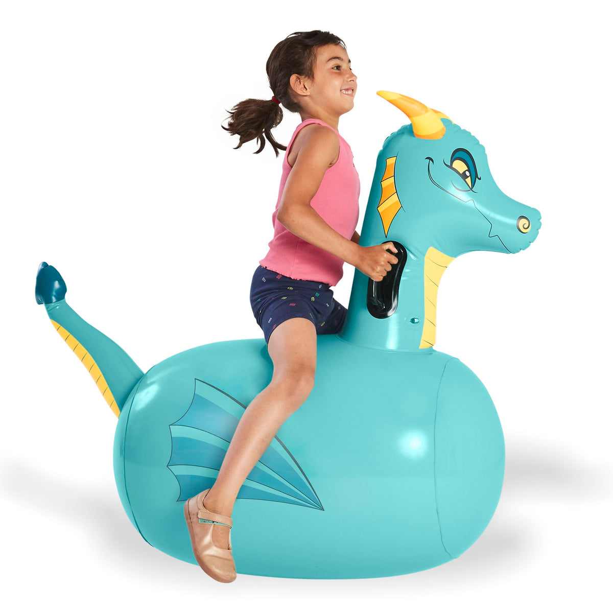 HearthSong Hop N Go blue dragon bouncer on grass for active outdoor play