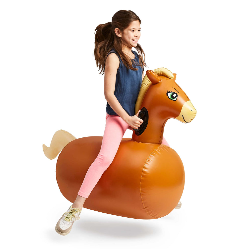 HearthSong Hop N Go inflatable horse front view for backyard adventures.
