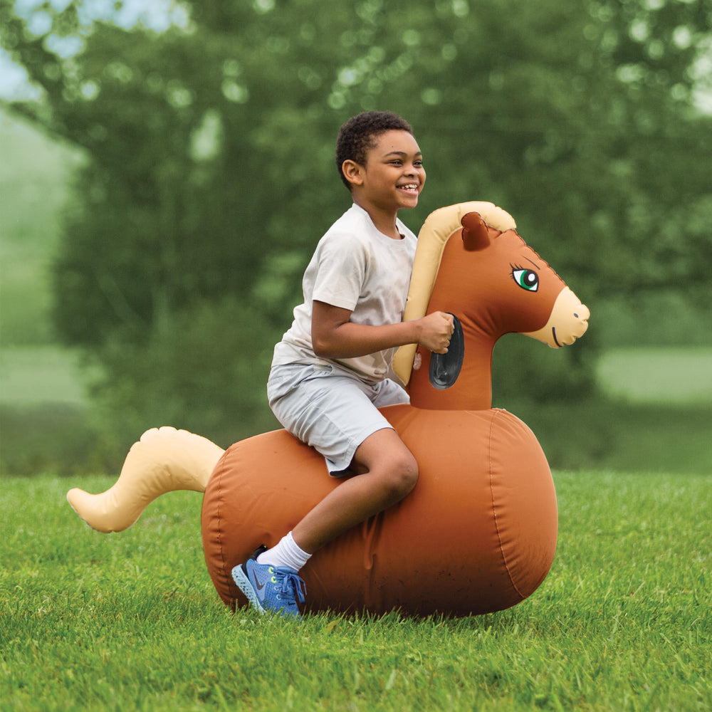 HearthSong Hop N Go inflatable horse quick inflation for fast setup.
