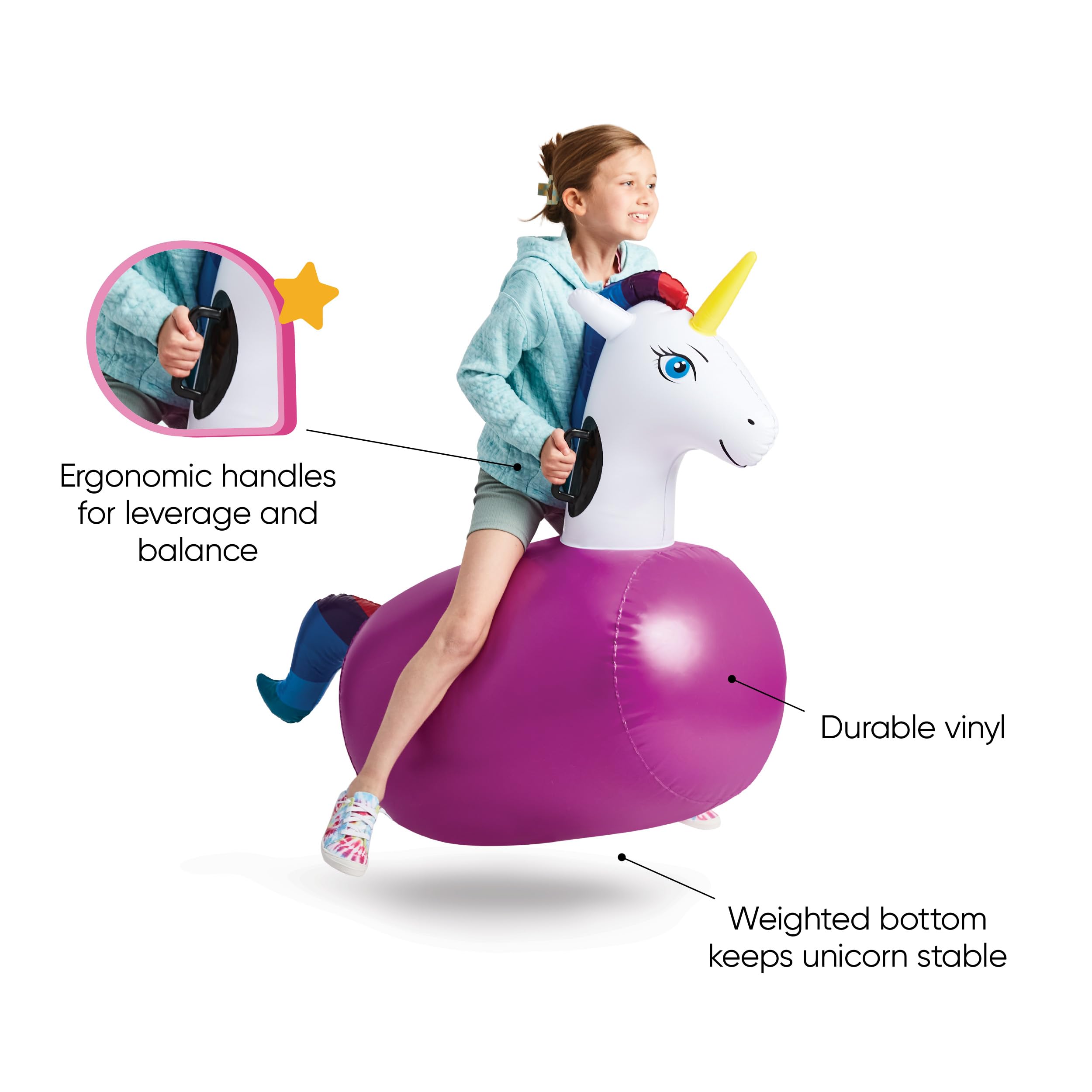 HearthSong Hop N Go unicorn bouncer supports up to 200 lbs for versatile use
