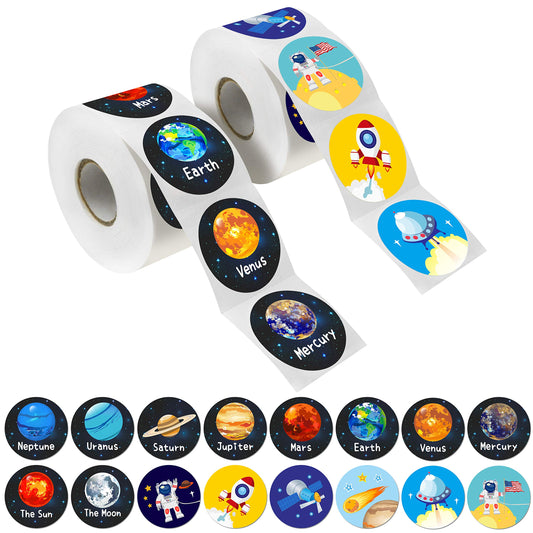 Hebayy 600 pcs solar system stickers in perforated rolls for quick classroom labeling and decor.