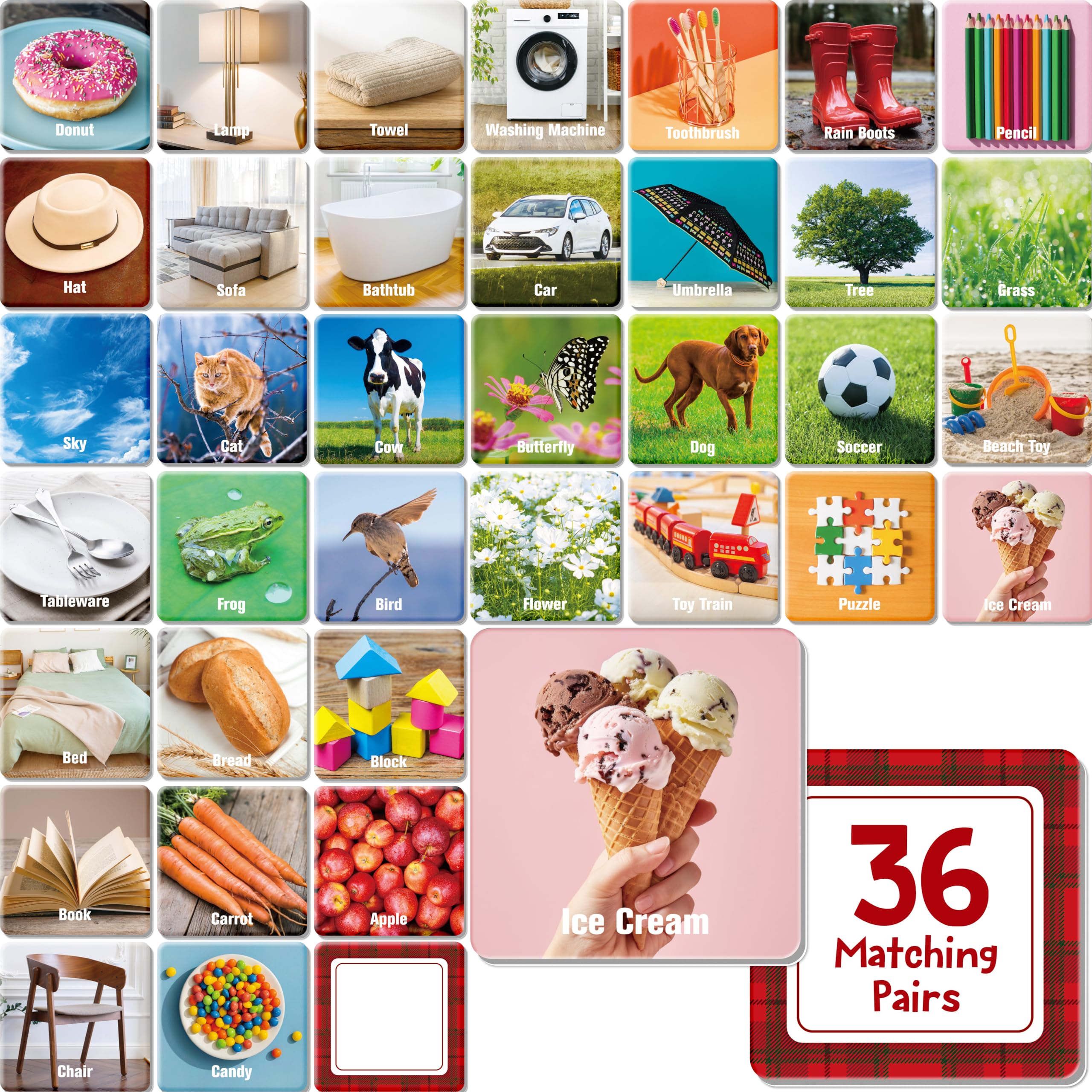 Hebayy 72-pcs daily items matching game cards for engaging memory practice.