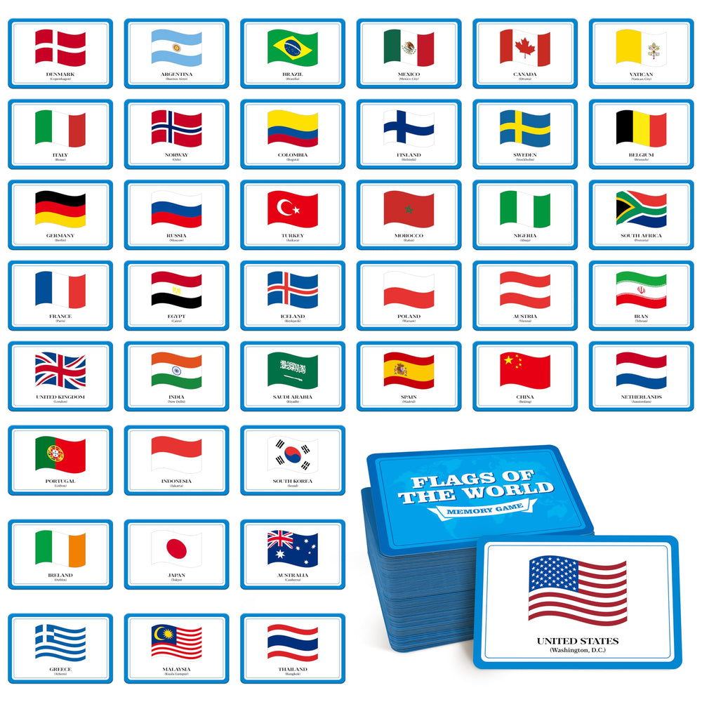 Hebayy Flags World 80cards set front view; vibrant flag designs spark geography curiosity.