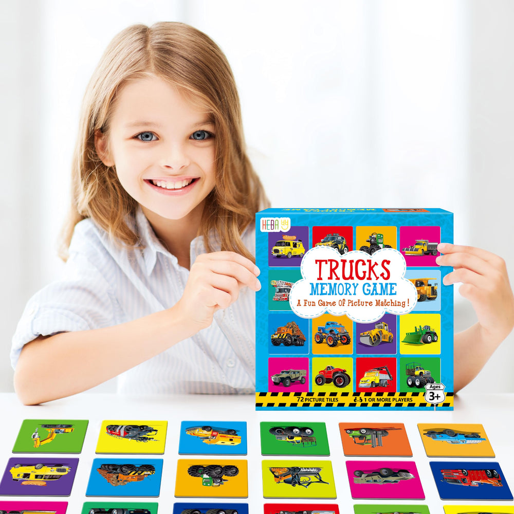 Hebayy truck matching game blank-side card invites drawing and storytelling
