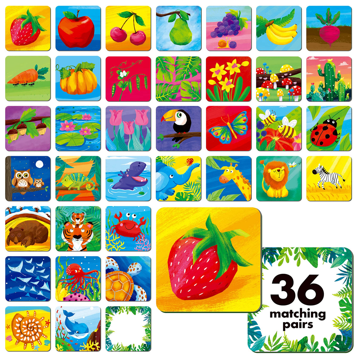 Hebayy Memory Matching Game with nature animals and fruits for toddlers, boosting focus and memory.