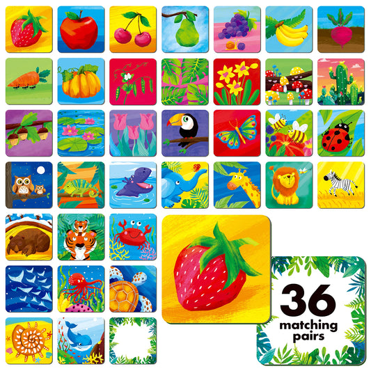Hebayy Memory Matching Game with nature animals and fruits for toddlers, boosting focus and memory.