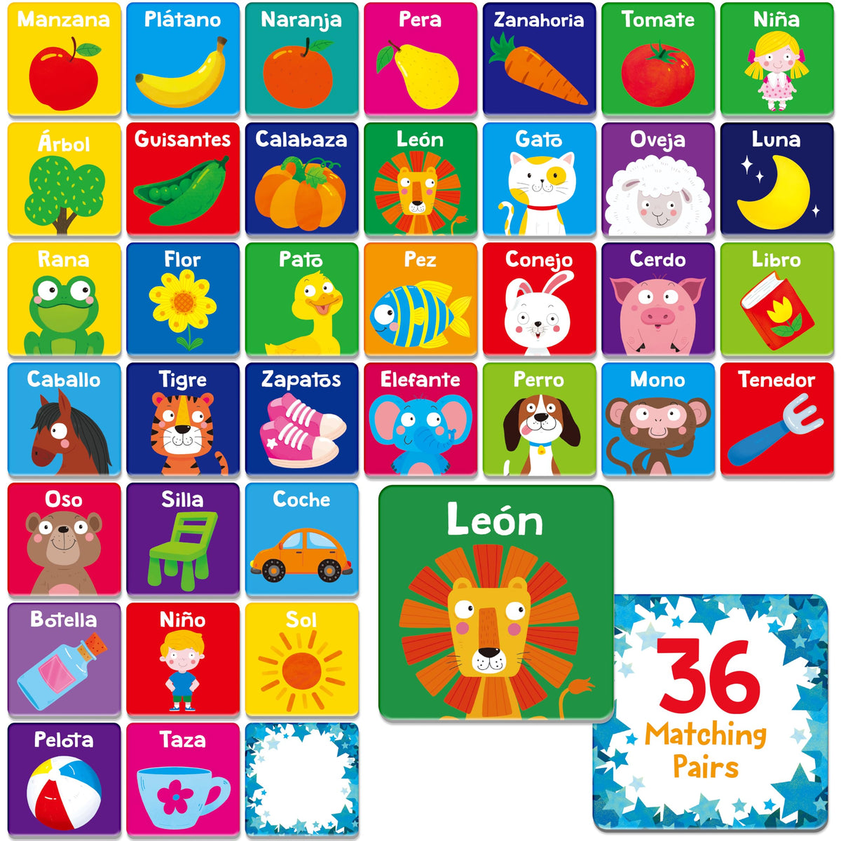 Hebayy Spanish memory game packaging showing durable, kid-friendly design.