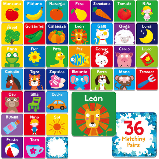 Hebayy Spanish memory game packaging showing durable, kid-friendly design.