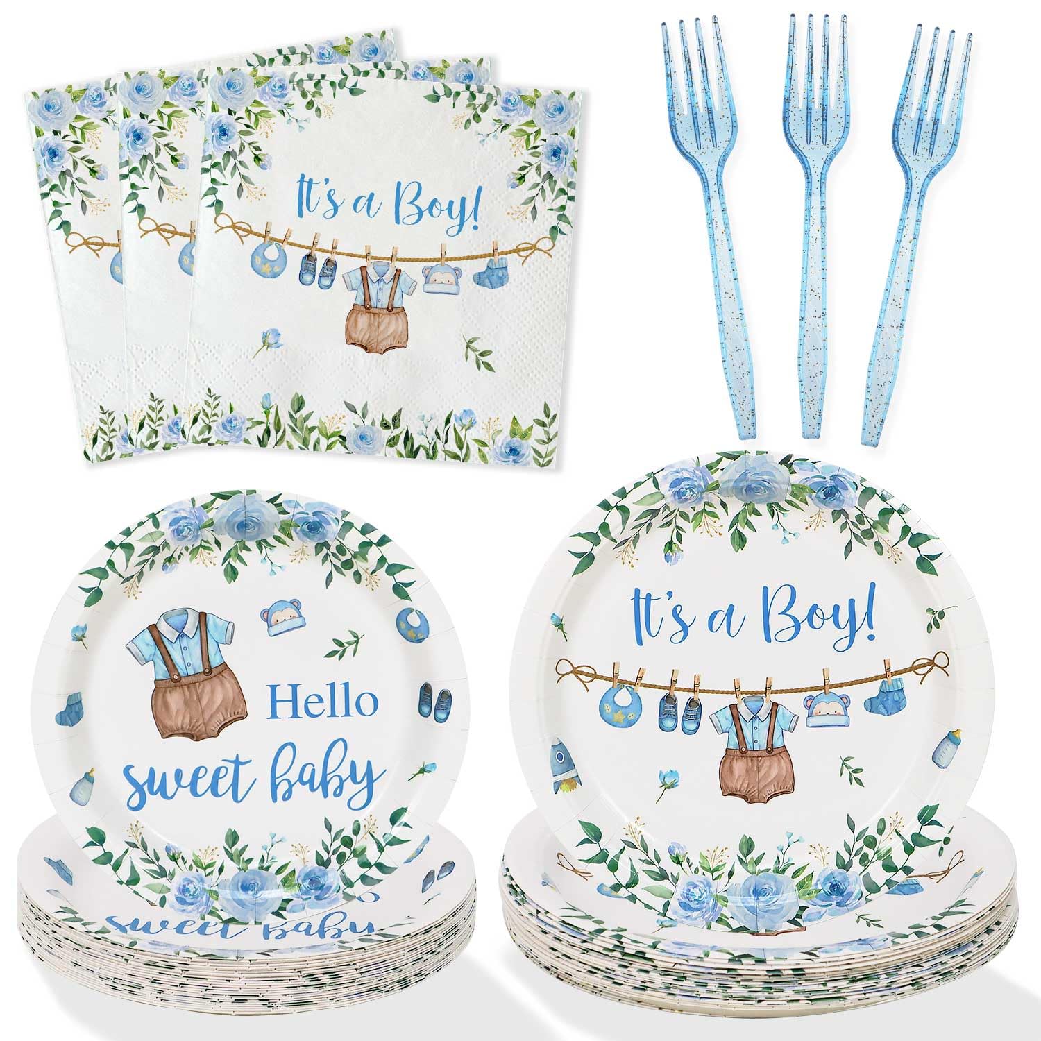 Heboland blue boy shower plates, sturdy for hearty servings at a party.