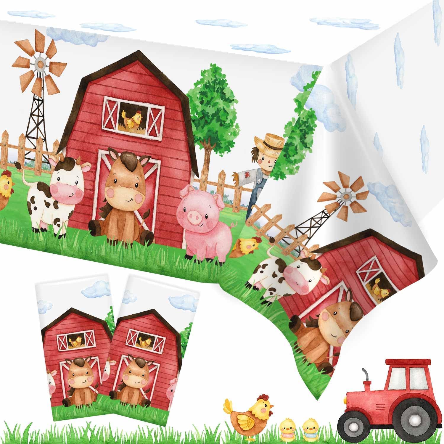 Heboland farm animal tablecloth 3pc set for barnyard parties with vibrant colors