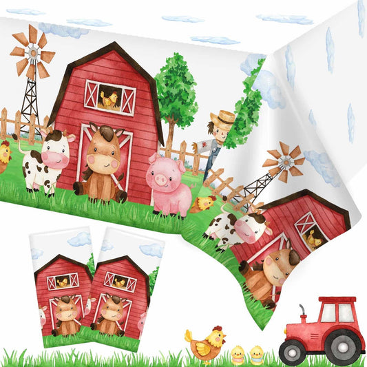 Heboland farm animal tablecloth 3pc set for barnyard parties with vibrant colors