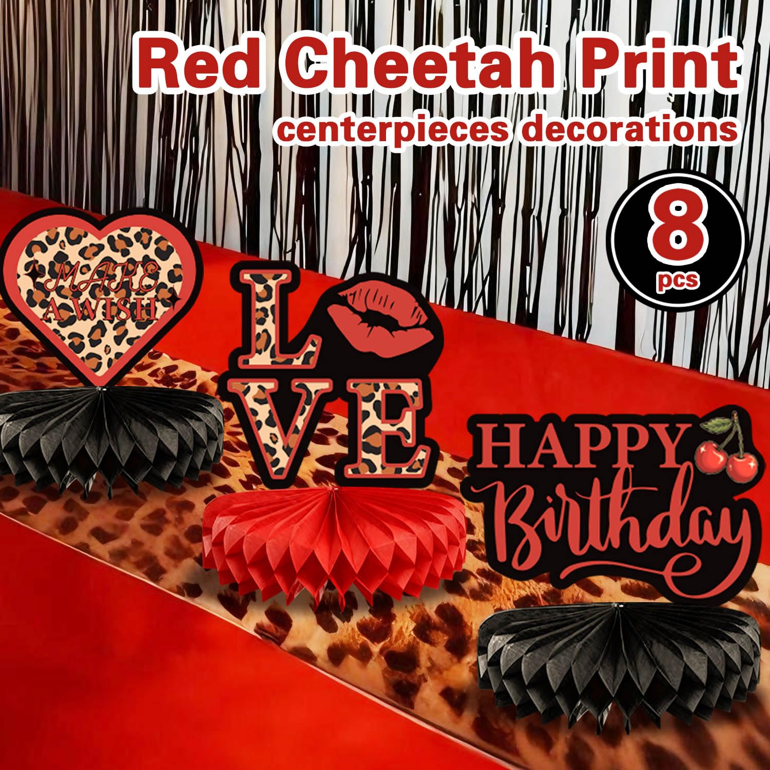 Heboland red cheetah honeycomb centerpiece enhances cherry party decor