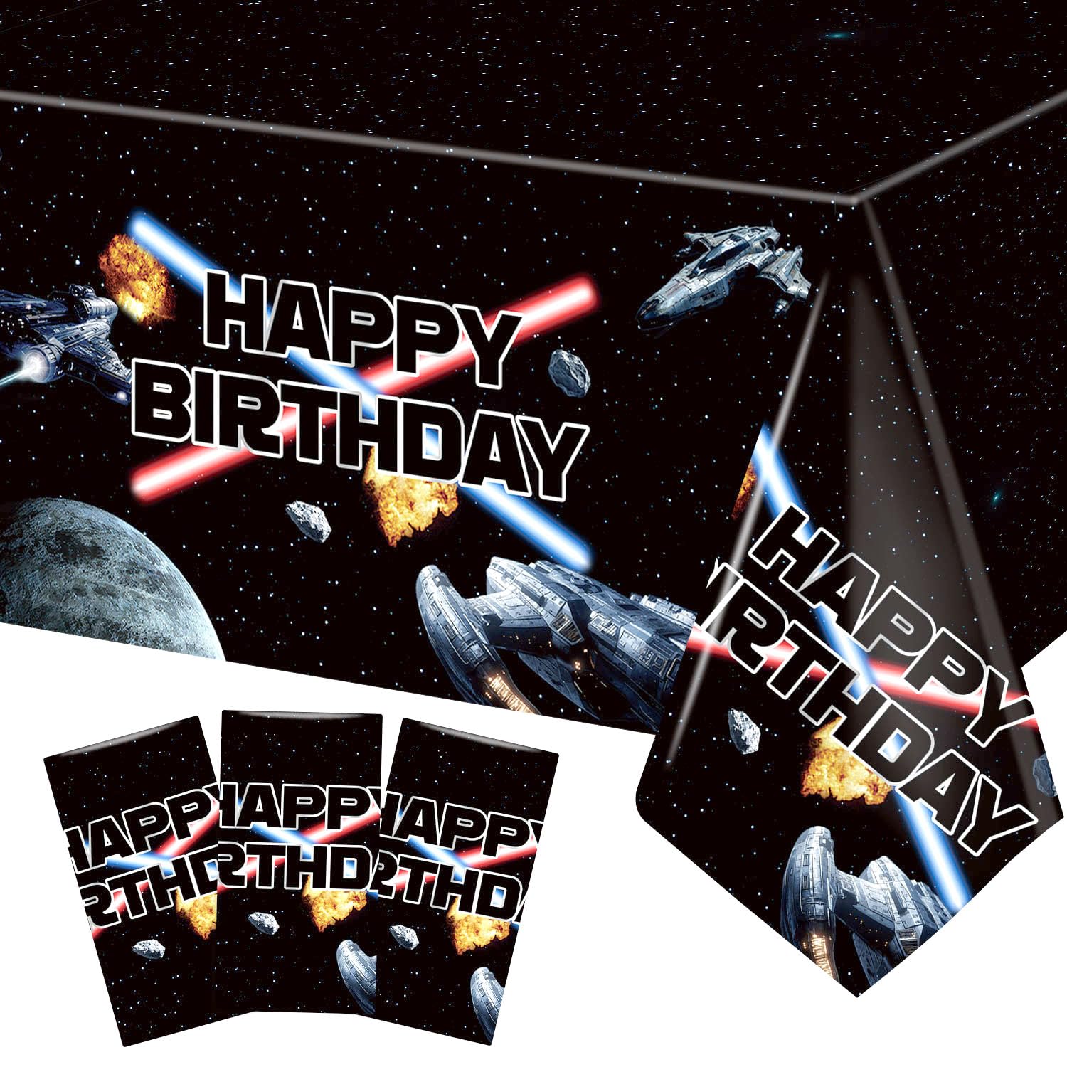 Heboland space battleship tablecloth with galaxy scene, durable protection for kids' party tables.