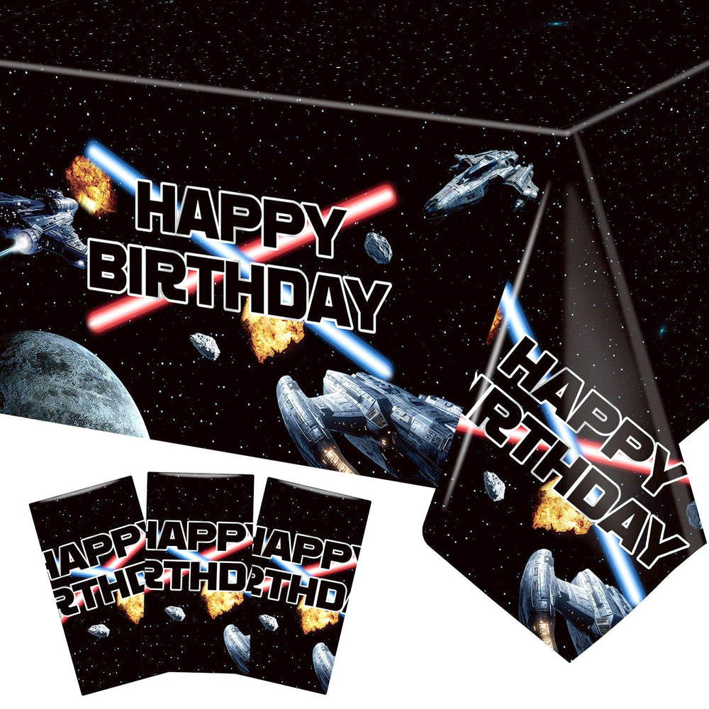Heboland space battleship tablecloth with galaxy scene, durable protection for kids' party tables.