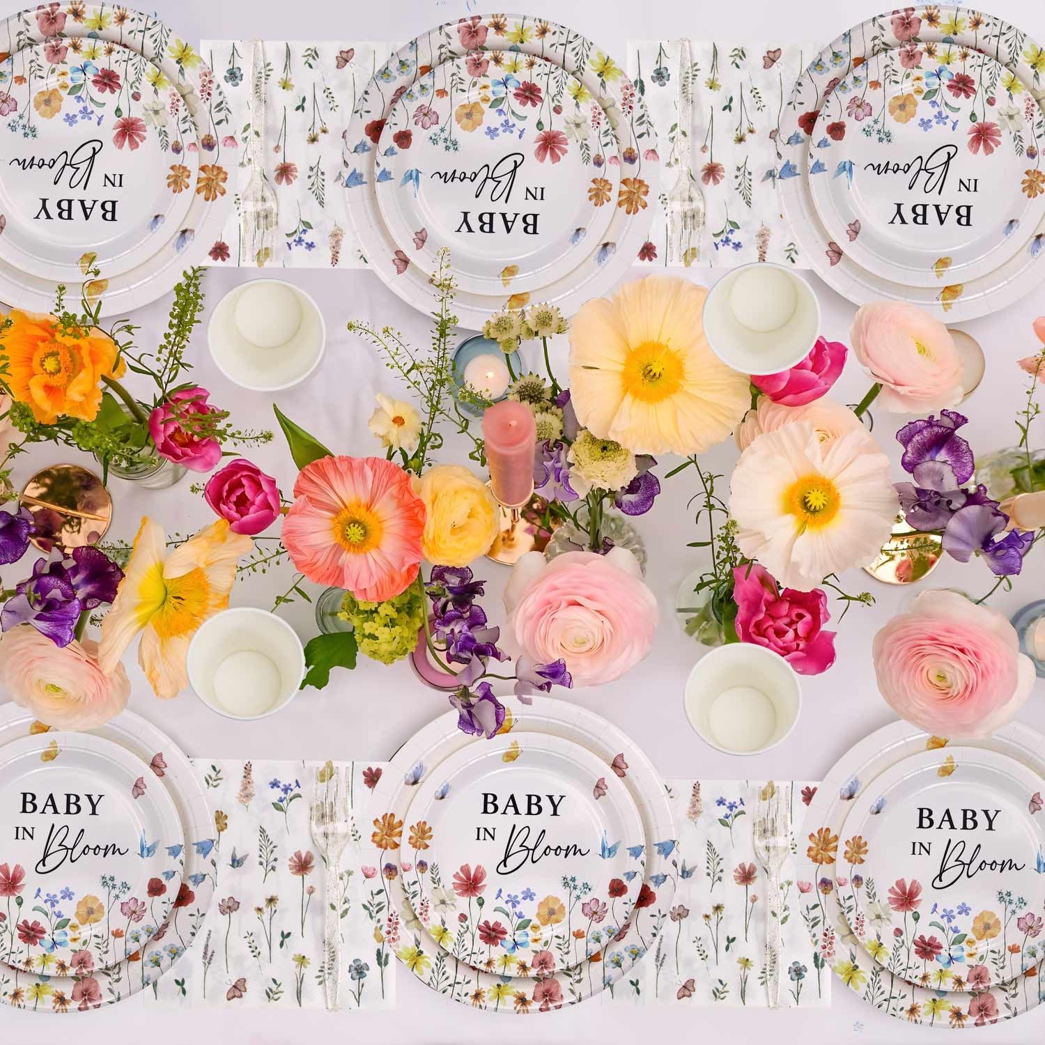 Heboland Wildflower Baby in Bloom baby shower theme shines with coordinated floral accents.