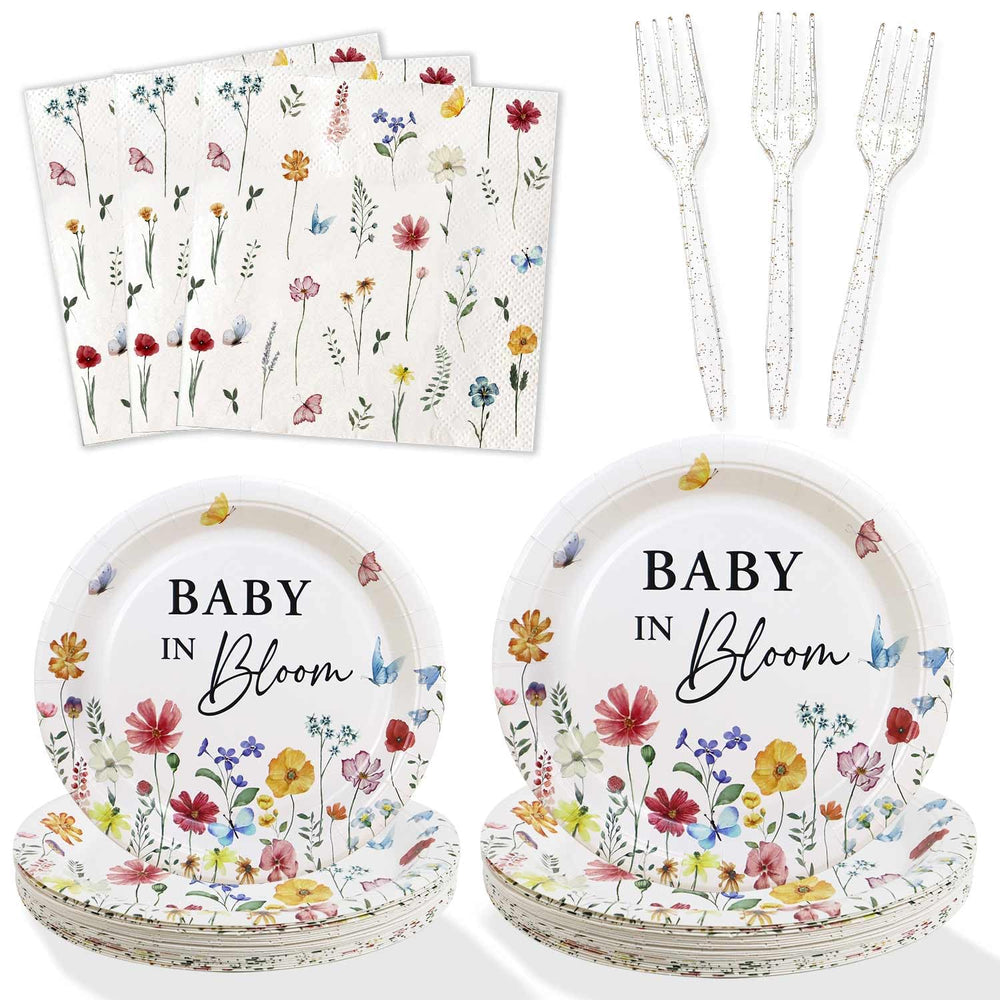 Heboland Wildflower Baby in Bloom dessert plates showcase floral charm for a chic baby shower.