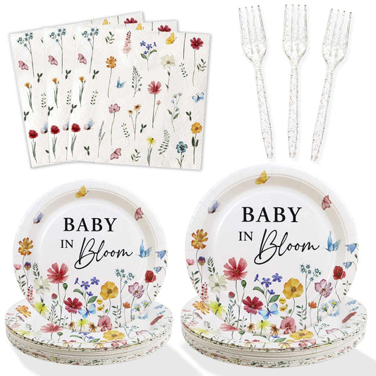 Heboland Wildflower Baby in Bloom dessert plates showcase floral charm for a chic baby shower.