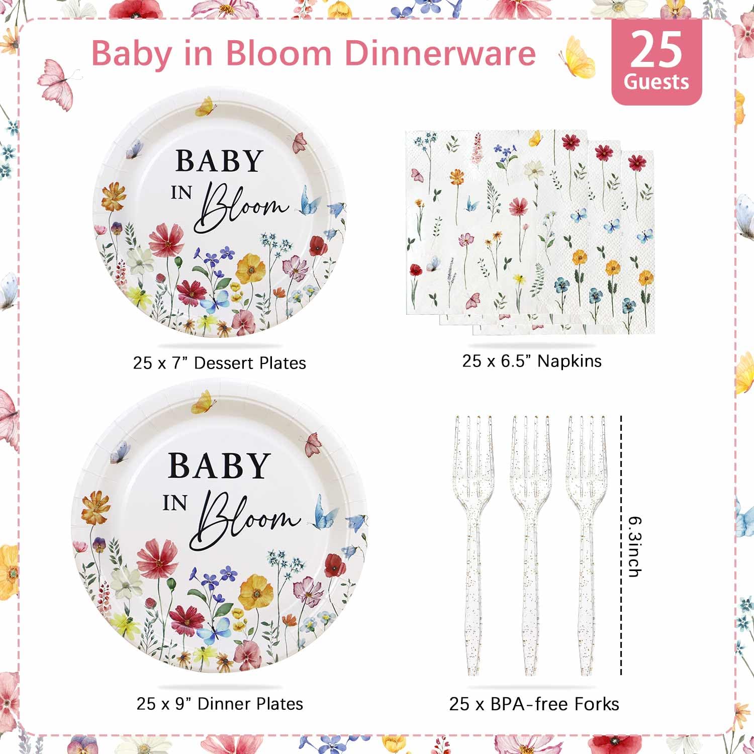 Heboland Wildflower Baby in Bloom tableware set helps plan a complete party table.
