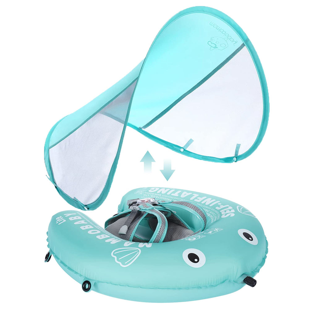 HECCEI Mambobaby compressible folding float with sun canopy keeps babies secure and comfortable outdoors.