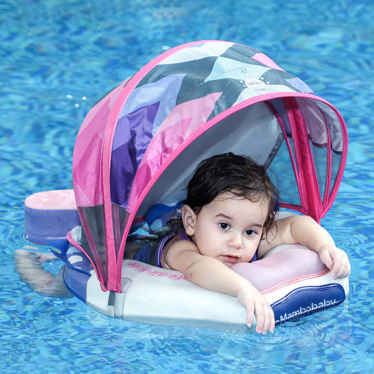 HECCEI Mambobaby Float canopy blue shields skin from sun during pooltime.